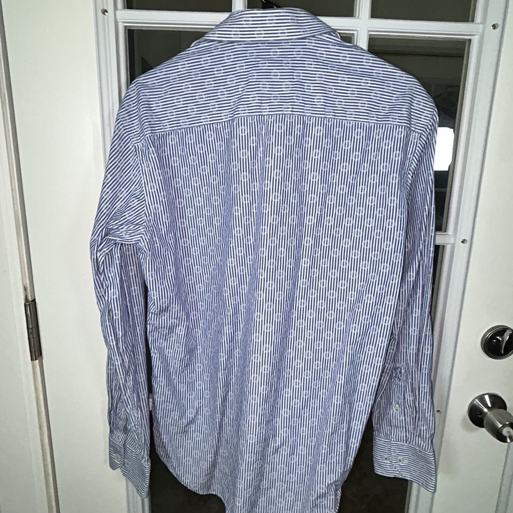 Bugatchi‎ Shaped Fit Blue White Stripe Medallion Print Dress Shirt Men's Medium - Picture 9 of 16